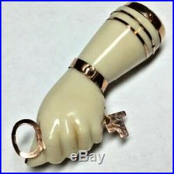 Victorian Antique 14k Rose Gold White Celluloid Figa Hand Pendant Charm with Key