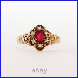 Victorian Antique 14k Yellow Gold Synthetic Ruby Pearl Hand Engraved Ring 5.75