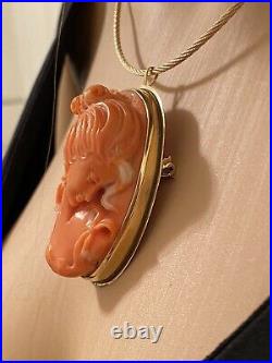 Victorian Antique 18k Gold Salmon Coral Cameo Necklace / Brooch Hand Carved Rare