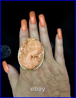 Victorian Antique 18k Gold Salmon Coral Cameo Necklace / Brooch Hand Carved Rare