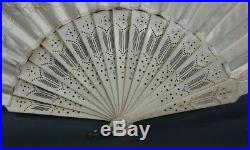 Victorian Antique French Carved Cow Bone Ladies Hand Fan Embroidered Silk Flower