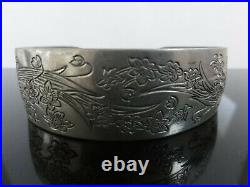 Victorian Antique Hand Engraved Narcissus 900 S Silver 12 Cuff Bracelet Heavy