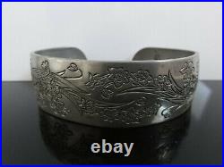 Victorian Antique Hand Engraved Narcissus 900 S Silver 12 Cuff Bracelet Heavy