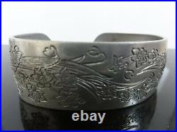 Victorian Antique Hand Engraved Narcissus 900 S Silver 12 Cuff Bracelet Heavy