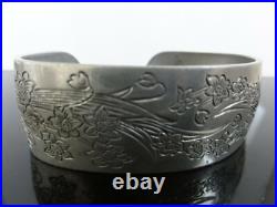 Victorian Antique Hand Engraved Narcissus 900 S Silver 12 Cuff Bracelet Heavy