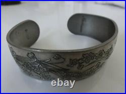 Victorian Antique Hand Engraved Narcissus 900 S Silver 12 Cuff Bracelet Heavy