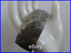 Victorian Antique Hand Engraved Narcissus 900 S Silver 12 Cuff Bracelet Heavy