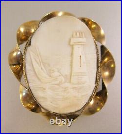 Victorian Antique Lighthouse & Boat Hand Carved Shell Cameo Gold Filled Brooch