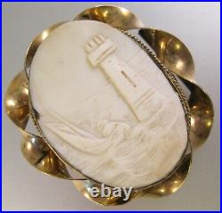 Victorian Antique Lighthouse & Boat Hand Carved Shell Cameo Gold Filled Brooch