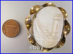 Victorian Antique Lighthouse & Boat Hand Carved Shell Cameo Gold Filled Brooch