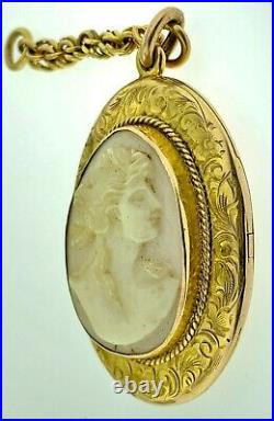 Victorian Antique Lrg. 10kt Yellow Gold Hand Engraved Shell Cameo Locket Pendant