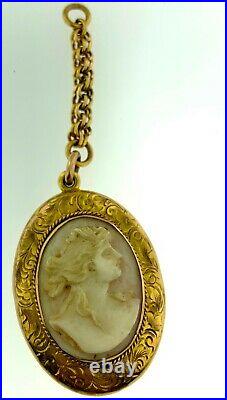 Victorian Antique Lrg. 10kt Yellow Gold Hand Engraved Shell Cameo Locket Pendant