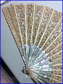 Victorian Antique Mother of Pearl Cream Brussels lace folding Hand held Fan