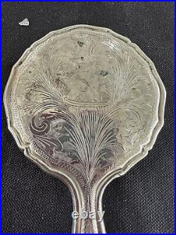 Victorian Antique Sterling Silver Hand Mirror Beveled Edge Hand Etched 5
