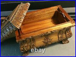Victorian Antique Tea Caddy Hand Carved Solid Mahogany Wood Chest Trunk Replica