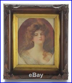 Victorian Art Nouveau Print of Woman in Antique Hand Carved Wooden Frame