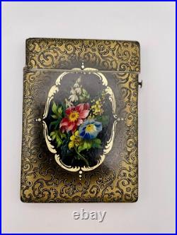 Victorian Black & Gold Hand Painted Floral Design Lacquer Calling Card Case