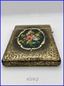 Victorian Black & Gold Hand Painted Floral Design Lacquer Calling Card Case