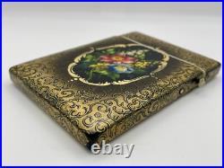 Victorian Black & Gold Hand Painted Floral Design Lacquer Calling Card Case