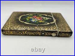 Victorian Black & Gold Hand Painted Floral Design Lacquer Calling Card Case