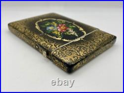 Victorian Black & Gold Hand Painted Floral Design Lacquer Calling Card Case