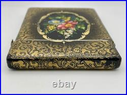 Victorian Black & Gold Hand Painted Floral Design Lacquer Calling Card Case