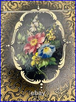 Victorian Black & Gold Hand Painted Floral Design Lacquer Calling Card Case