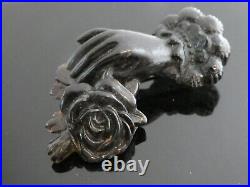 Victorian Black Gutta Percha Hand With Rose Flower Mourning Brooch Pin