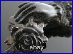 Victorian Black Gutta Percha Hand With Rose Flower Mourning Brooch Pin