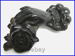 Victorian Black Gutta Percha Hand With Rose Flower Mourning Brooch Pin