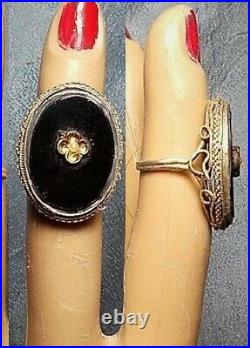 Victorian Black Jet Glass Seed Pearl Ring, Large Early 1900s Cabochon, Sterling