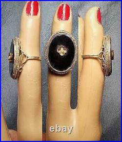 Victorian Black Jet Glass Seed Pearl Ring, Large Early 1900s Cabochon, Sterling