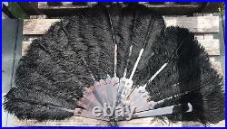 Victorian Black Ostrich Feather Faux Tortoise Shell Hand Fan