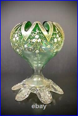 Victorian Bohemian Moser Hand Enameled Applied Green Floral Glass Rose Bowl Vase