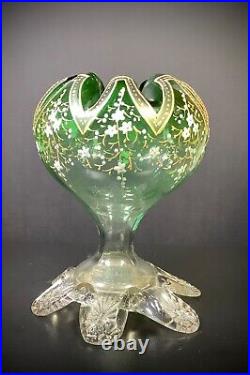 Victorian Bohemian Moser Hand Enameled Applied Green Floral Glass Rose Bowl Vase