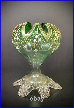 Victorian Bohemian Moser Hand Enameled Applied Green Floral Glass Rose Bowl Vase