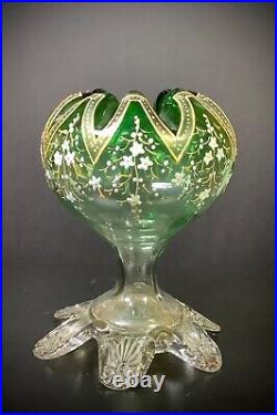 Victorian Bohemian Moser Hand Enameled Applied Green Floral Glass Rose Bowl Vase