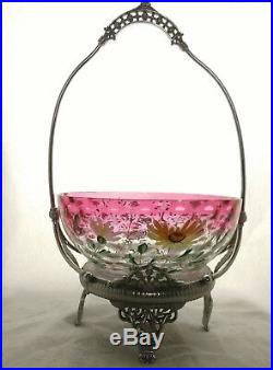 Victorian Brides Basket with Hand Painted Daisies Bowl in a James W Tufts Basket