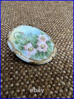 Victorian Brooch Antique Floral Pink Gold Edwardian Hand Painted Porcelain JRH