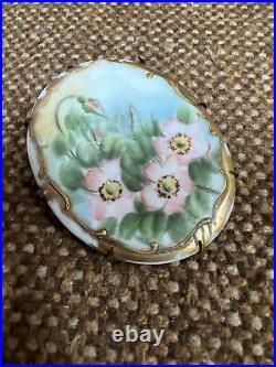 Victorian Brooch Antique Floral Pink Gold Edwardian Hand Painted Porcelain JRH