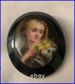 Victorian Brooch Hand Painted Girl with Dog Whitby Jet