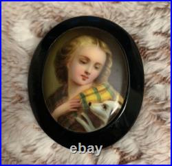 Victorian Brooch Hand Painted Girl with Dog Whitby Jet