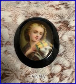 Victorian Brooch Hand Painted Girl with Dog Whitby Jet