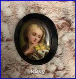 Victorian Brooch Hand Painted Girl with Dog Whitby Jet