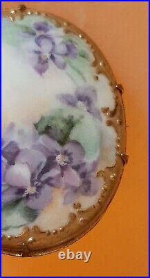 Victorian Brooch Hand Painted Porcelain Purple Violets Gold Guild Antique