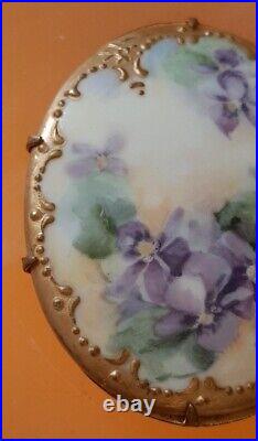 Victorian Brooch Hand Painted Porcelain Purple Violets Gold Guild Antique