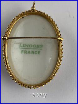 Victorian Brooch Limooges France Hand Painted On Porcelain 14k Gold 1.5 Wide