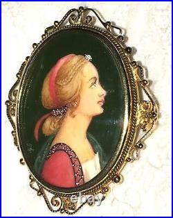 Victorian Cameo Portrait Brooch Sterling Silver Gold Hand Painted Pendant