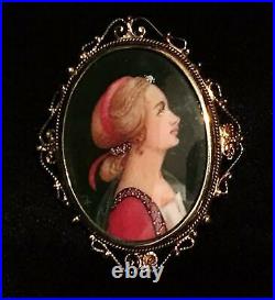 Victorian Cameo Portrait Brooch Sterling Silver Gold Hand Painted Pendant