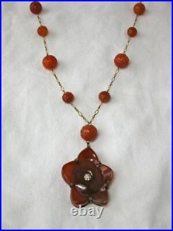 Victorian Carnelian Diamond Necklace c1870 Hand Carved Flower Rare Art Nouveau